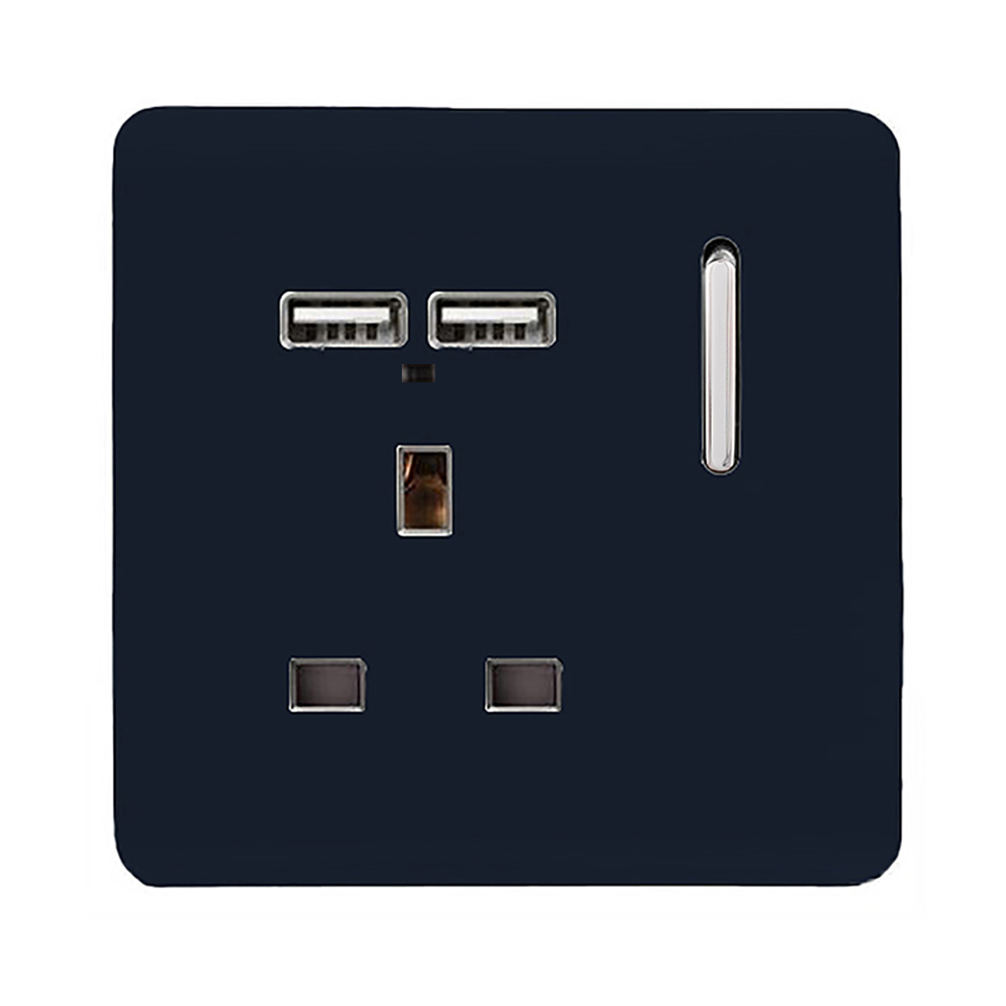 1 Gang Switched Single Socket 13A With 2 x USB-A 10W (Shared) With Neon Insert Navy Blue